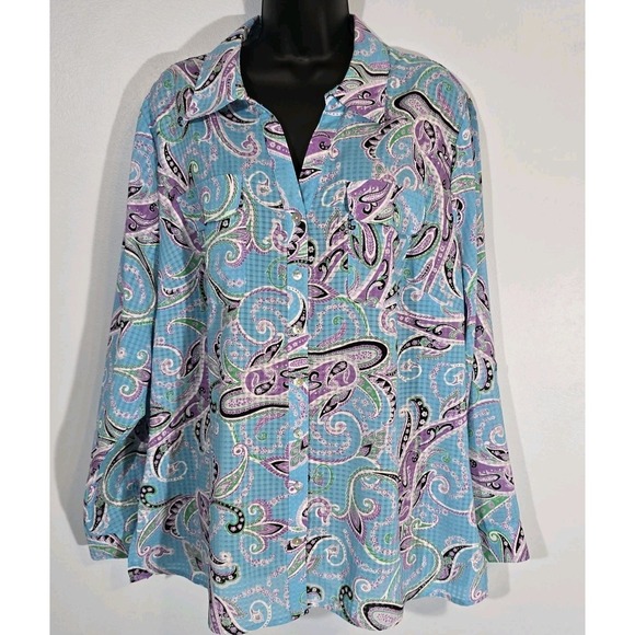 Kim Rogers‎ Curvy Womens Paisley Print Button Down Blouse Size 3X Polyester - Picture 1 of 13